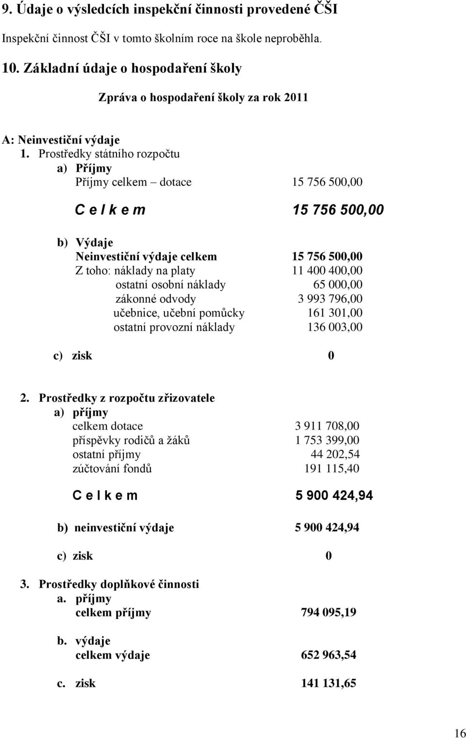 Prostředky státního rozpočtu a) Příjmy Příjmy celkem dotace 15 756 500,00 C e l k e m 15 756 500,00 b) Výdaje Neinvestiční výdaje celkem 15 756 500,00 Z toho: náklady na platy 11 400 400,00 ostatní