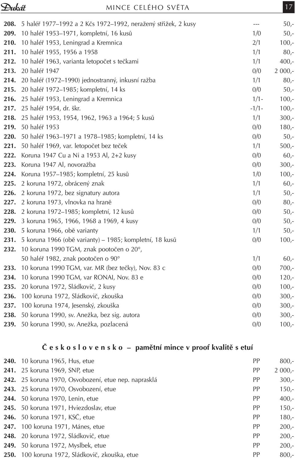 20 haléř (1972 1990) jednostranný, inkusní ražba 1/1 80,- 215. 20 haléř 1972 1985; kompletní, 14 ks 0/0 50,- 216. 25 haléř 1953, Leningrad a Kremnica 1/1-100,- 217. 25 haléř 1954, dr. škr.