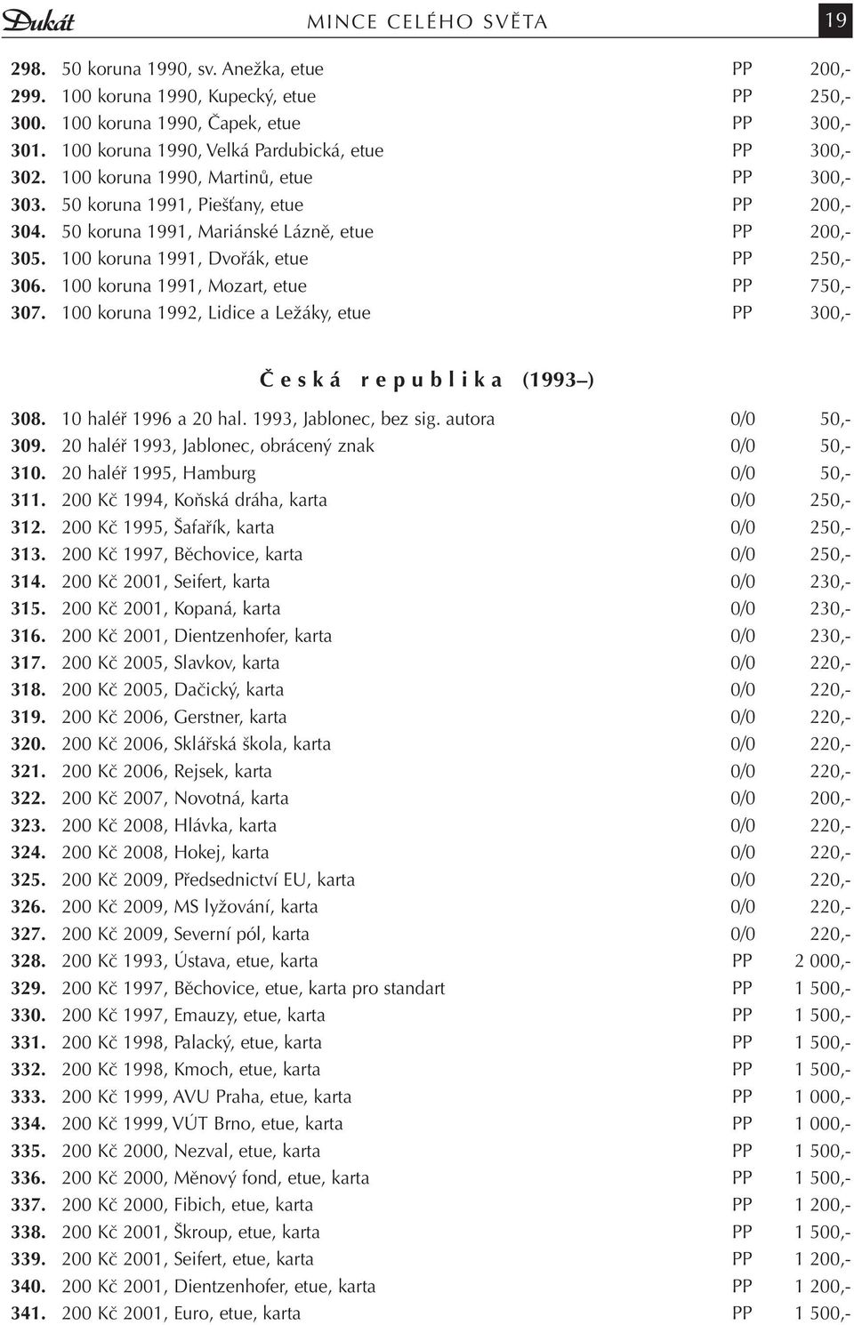 100 koruna 1991, Dvořák, etue PP 250,- 306. 100 koruna 1991, Mozart, etue PP 750,- 307. 100 koruna 1992, Lidice a Ležáky, etue PP 300,- Č e s k á r e p u b l i k a (1993 ) 308. 10 haléř 1996 a 20 hal.