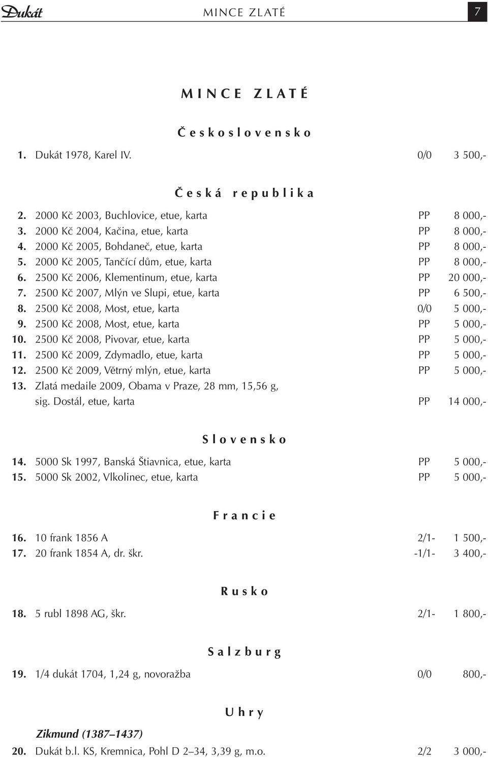 2500 Kč 2006, Klementinum, etue, karta PP 20 000,- 7. 2500 Kč 2007, Mlýn ve Slupi, etue, karta PP 6 500,- 8. 2500 Kč 2008, Most, etue, karta 0/0 5 000,- 9.