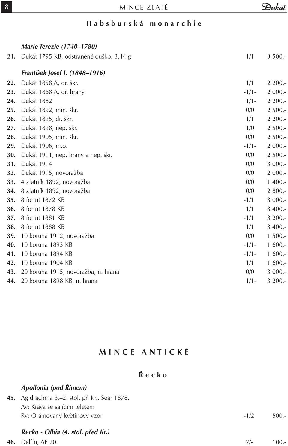 Dukát 1905, min. škr. 0/0 2 500,- 29. Dukát 1906, m.o. -1/1-2 000,- 30. Dukát 1911, nep. hrany a nep. škr. 0/0 2 500,- 31. Dukát 1914 0/0 3 000,- 32. Dukát 1915, novoražba 0/0 2 000,- 33.