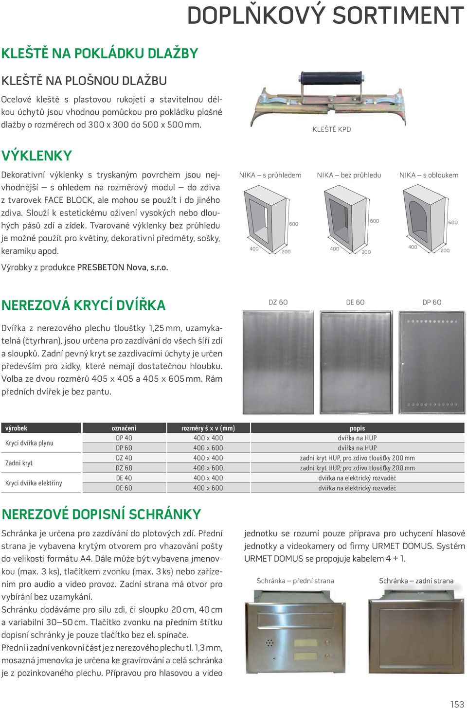 KLEŠTĚ KPD VÝKLENKY Dekorativní výklenky s tryskaným povrchem jsou nejvhodnější s ohledem na rozměrový modul do zdiva z tvarovek FACE BLOCK, ale mohou se použít i do jiného zdiva.