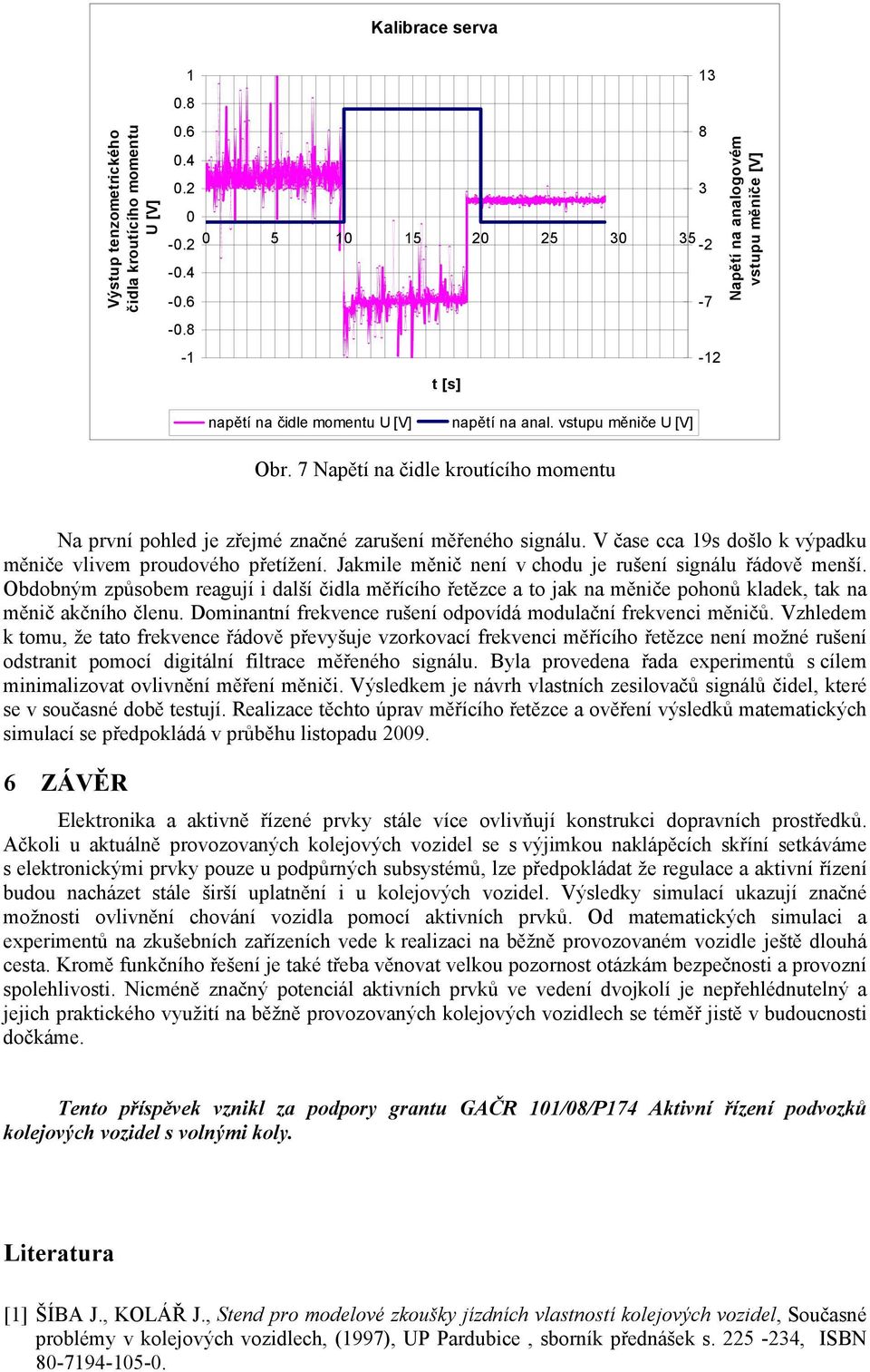 7 Napětí na čidle kroutícího momentu Na první pohled je zřejmé značné zarušení měřeného signálu. V čase cca 19s došlo k výpadku měniče vlivem proudového přetížení.