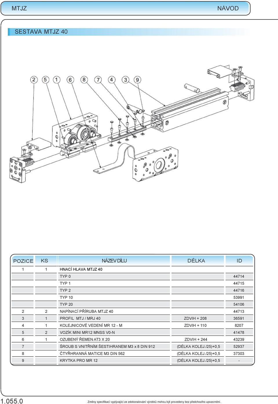 5 2 VOZÍK MINI MR12 MNSS V0-N 41478 6 1 OZUBENÝ ŘEMEN AT3 X 20 ZDVIH + 244 43239 7 ŠROUB S VNITŘNÍM ŠESTIHRANEM M3 x 8 DIN 912