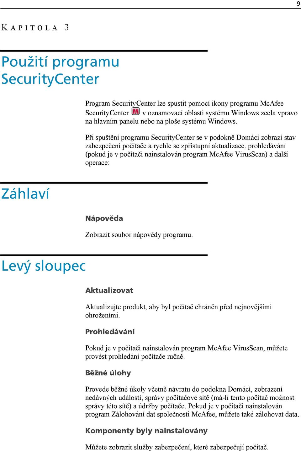 Při spuštění programu SecurityCenter se v podokně Domácí zobrazí stav zabezpečení počítače a rychle se zpřístupní aktualizace, prohledávání (pokud je v počítači nainstalován program McAfee VirusScan)