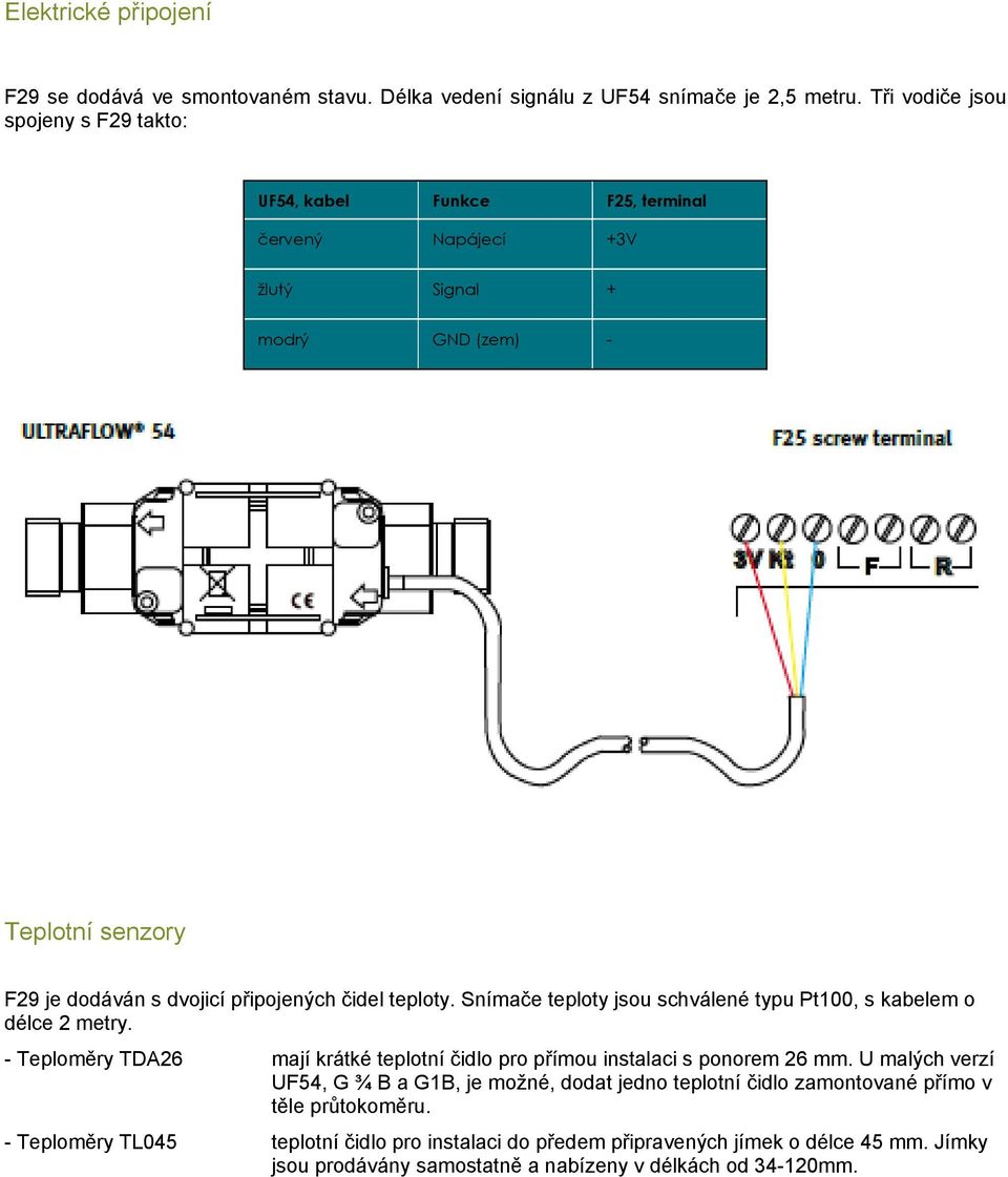 čidel teploty. Snímače teploty jsou schválené typu Pt100, s kabelem o délce 2 metry. - Teploměry TDA26 mají krátké teplotní čidlo pro přímou instalaci s ponorem 26 mm.