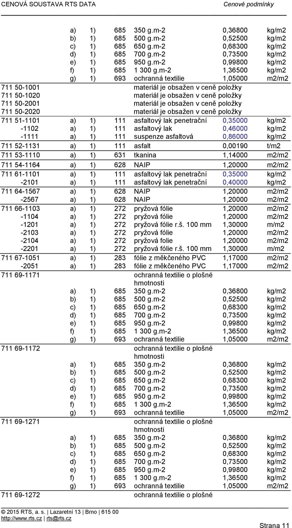 631 tkanina 1,14000 m2/m2 711 54-1164 a) 1) 628 NAIP 1,20000 m2/m2 711 61-1101 a) 1) 111 asfaltový lak penetrační 0,35000 kg/m2-2101 a) 1) 111 asfaltový lak penetrační 0,40000 kg/m2 711 64-1567 a) 1)