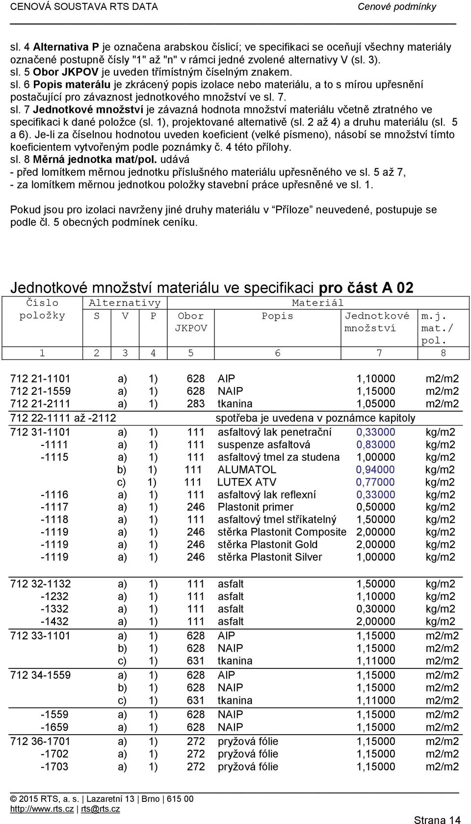 1), projektované alternativě (sl. 2 až 4) a druhu materiálu (sl. 5 a 6).