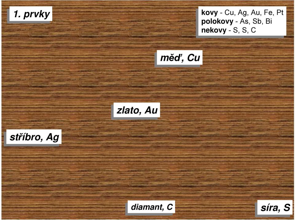Sb, Sb, Bi Bi nekovy--s, S, S, S, C měď,