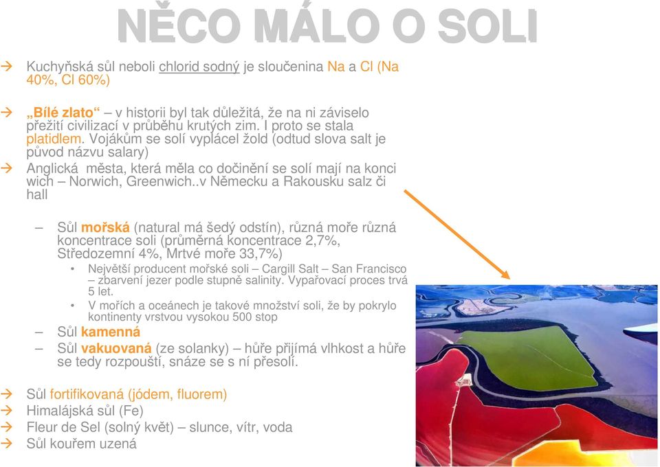 .v Německu a Rakousku salzči hall Sůl mořská (natural má šedý odstín), různá moře různá koncentrace soli (průměrná koncentrace 2,7%, Středozemní 4%, Mrtvé moře 33,7%) Největší producent mořské soli