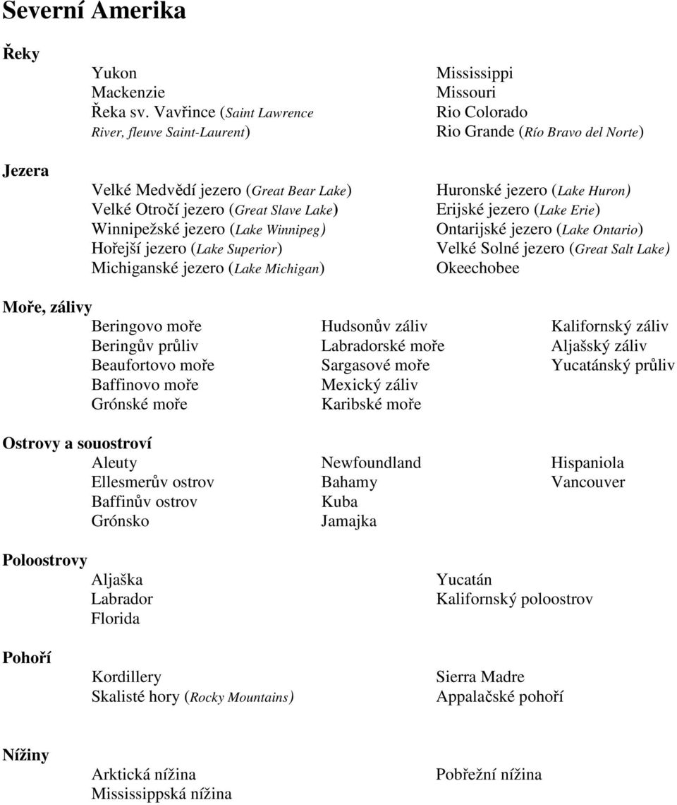 Michiganské jezero (Lake Michigan) Mississippi Missouri Rio Colorado Rio Grande (Río Bravo del Norte) Huronské jezero (Lake Huron) Erijské jezero (Lake Erie) Ontarijské jezero (Lake Ontario) Velké