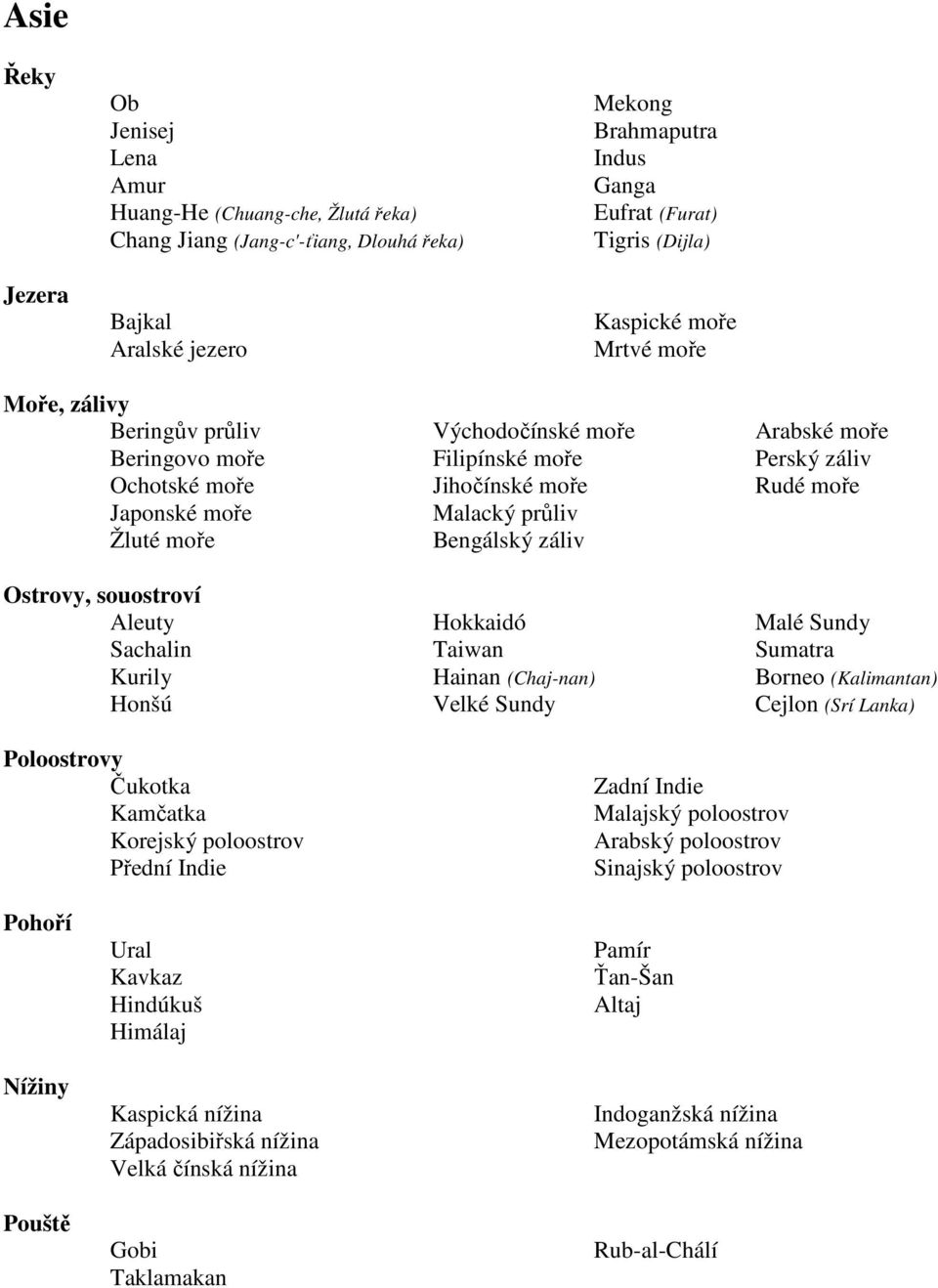 Hokkaidó Taiwan Hainan (Chaj-nan) Velké Sundy Arabské moře Perský záliv Rudé moře Malé Sundy Sumatra Borneo (Kalimantan) Cejlon (Srí Lanka) Čukotka Kamčatka Korejský poloostrov Přední Indie Zadní