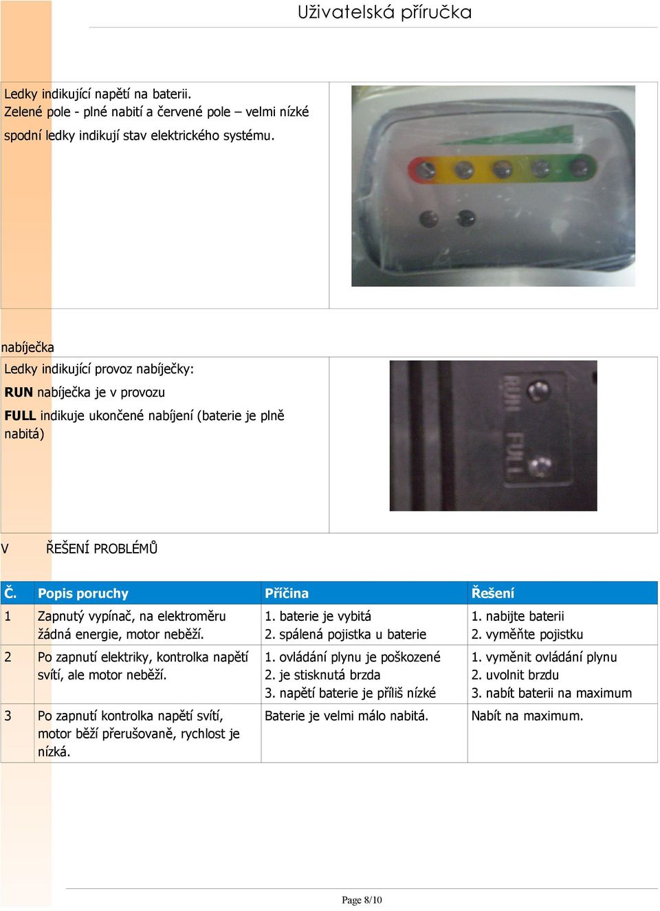 Popis poruchy Příčina Řešení 1 Zapnutý vypínač, na elektroměru žádná energie, motor neběží. 1. baterie je vybitá 2. spálená pojistka u baterie 1. nabijte baterii 2.