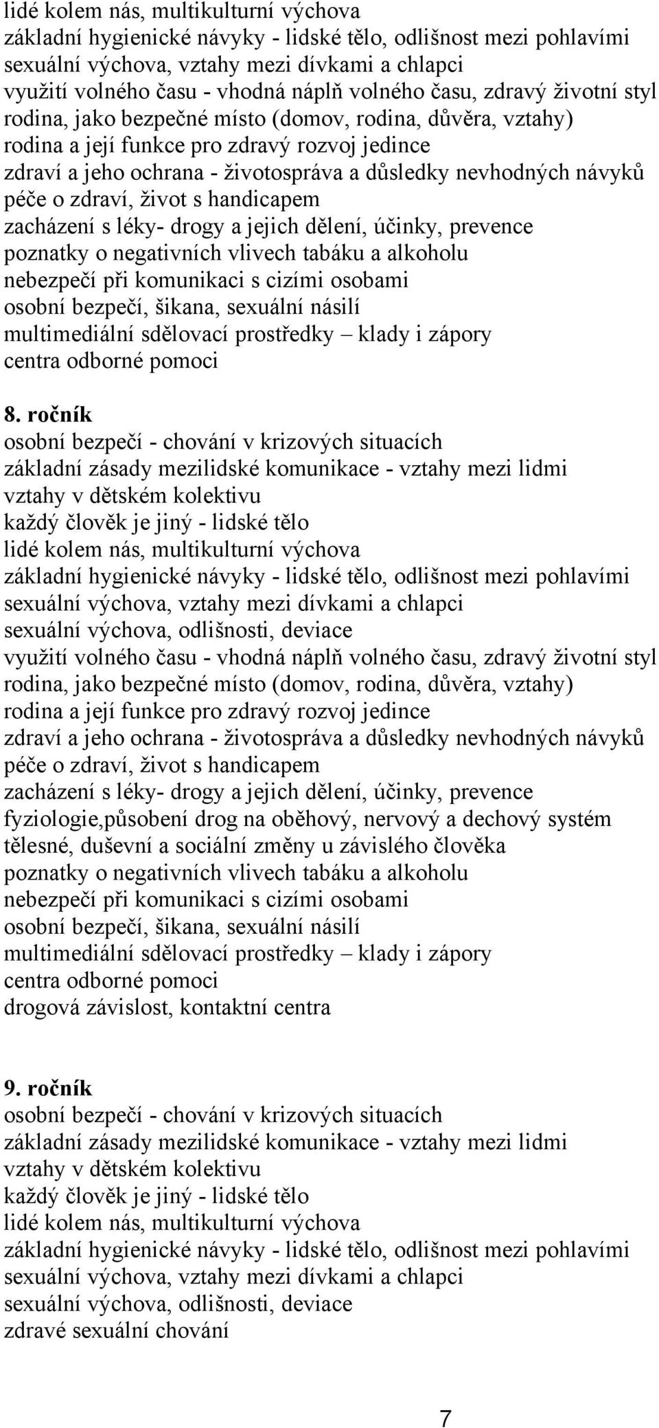 péče o zdraví, život s handicapem zacházení s léky- drogy a jejich dělení, účinky, prevence poznatky o negativních vlivech tabáku a alkoholu nebezpečí při komunikaci s cizími osobami osobní bezpečí,