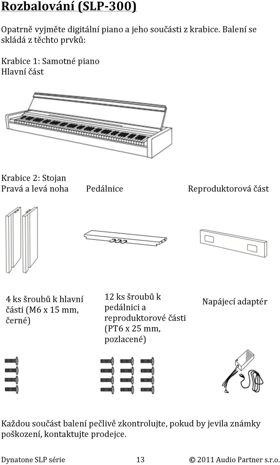 Reproduktorová část 4 ks šroubů k hlavní části (M6 x 15 mm, černé) 12 ks šroubů k pedálnici a reproduktorové části (PT6 x 25