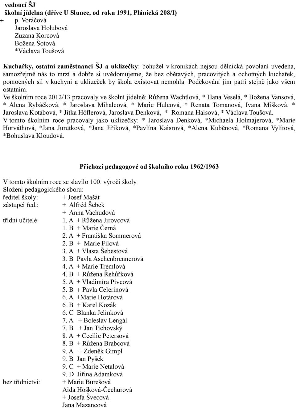 dobře si uvědomujeme, že bez obětavých, pracovitých a ochotných kuchařek, pomocných sil v kuchyni a uklízeček by škola existovat nemohla. Poděkování jim patří stejně jako všem ostatním.