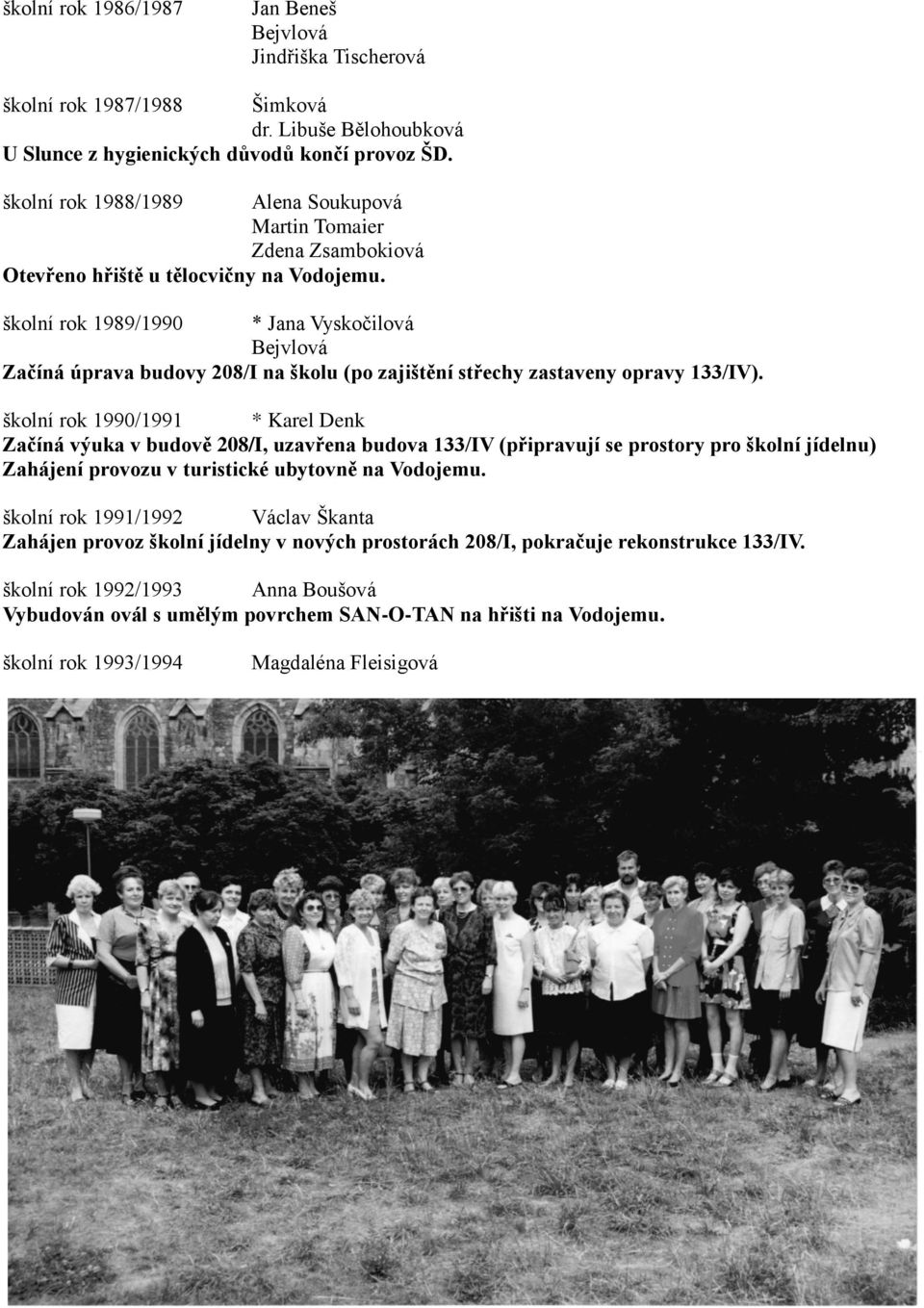 školní rok 1989/1990 * Jana Vyskočilová Bejvlová Začíná úprava budovy 208/I na školu (po zajištění střechy zastaveny opravy 133/IV).