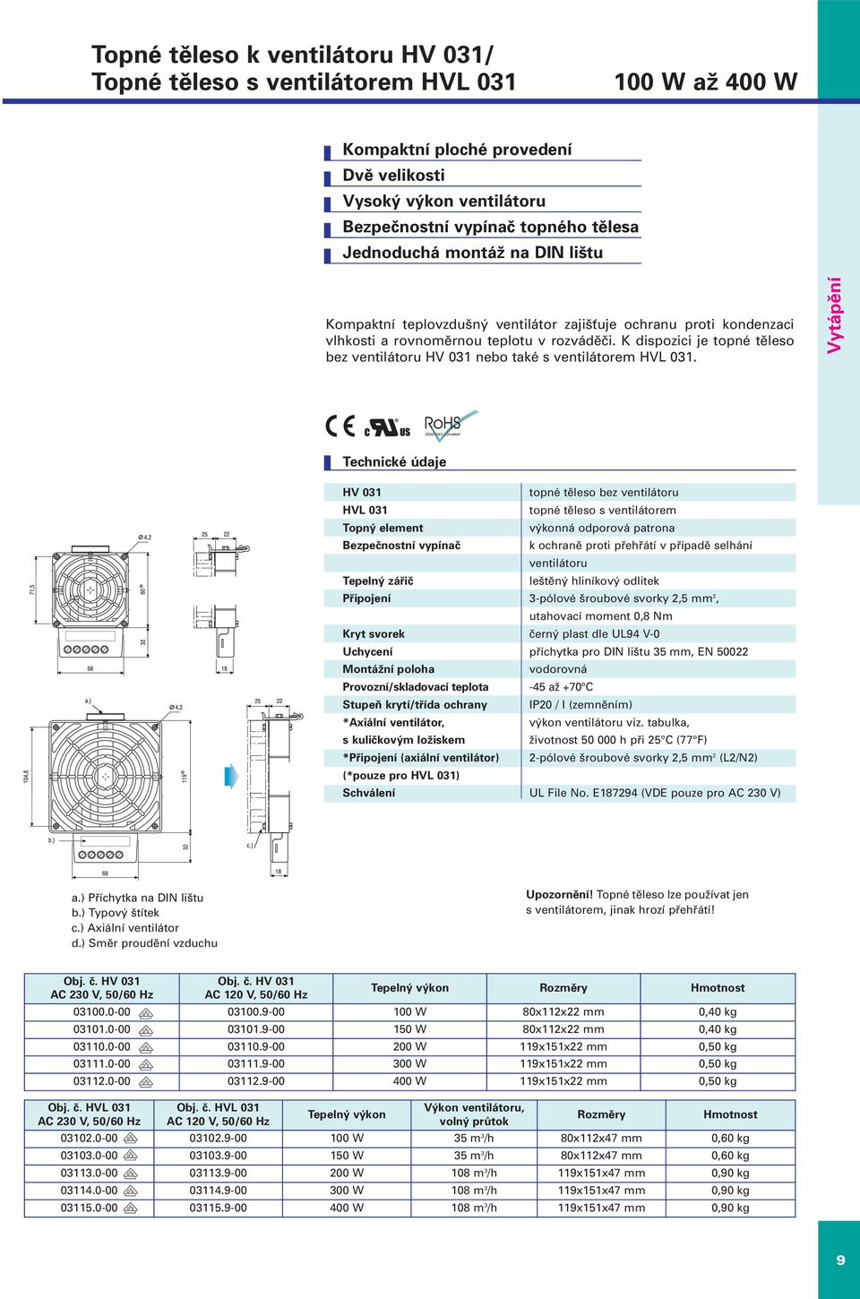 K dispozici je topné těleso bez ventilátoru HV 031 nebo také s ventilátorem HVL 031.