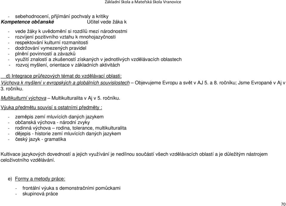 orientace v základních aktivitách d) Integrace průřezových témat do vzdělávací oblasti: Výchova k myšlení v evropských a globálních souvislostech Objevujeme Evropu a svět v AJ 5. a 8.