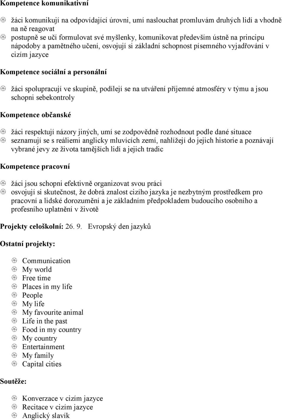 příjemné atmosféry v týmu a jsou schopni sebekontroly Kompetence občanské žáci respektují názory jiných, umí se zodpovědně rozhodnout podle dané situace seznamují se s reáliemi anglicky mluvících