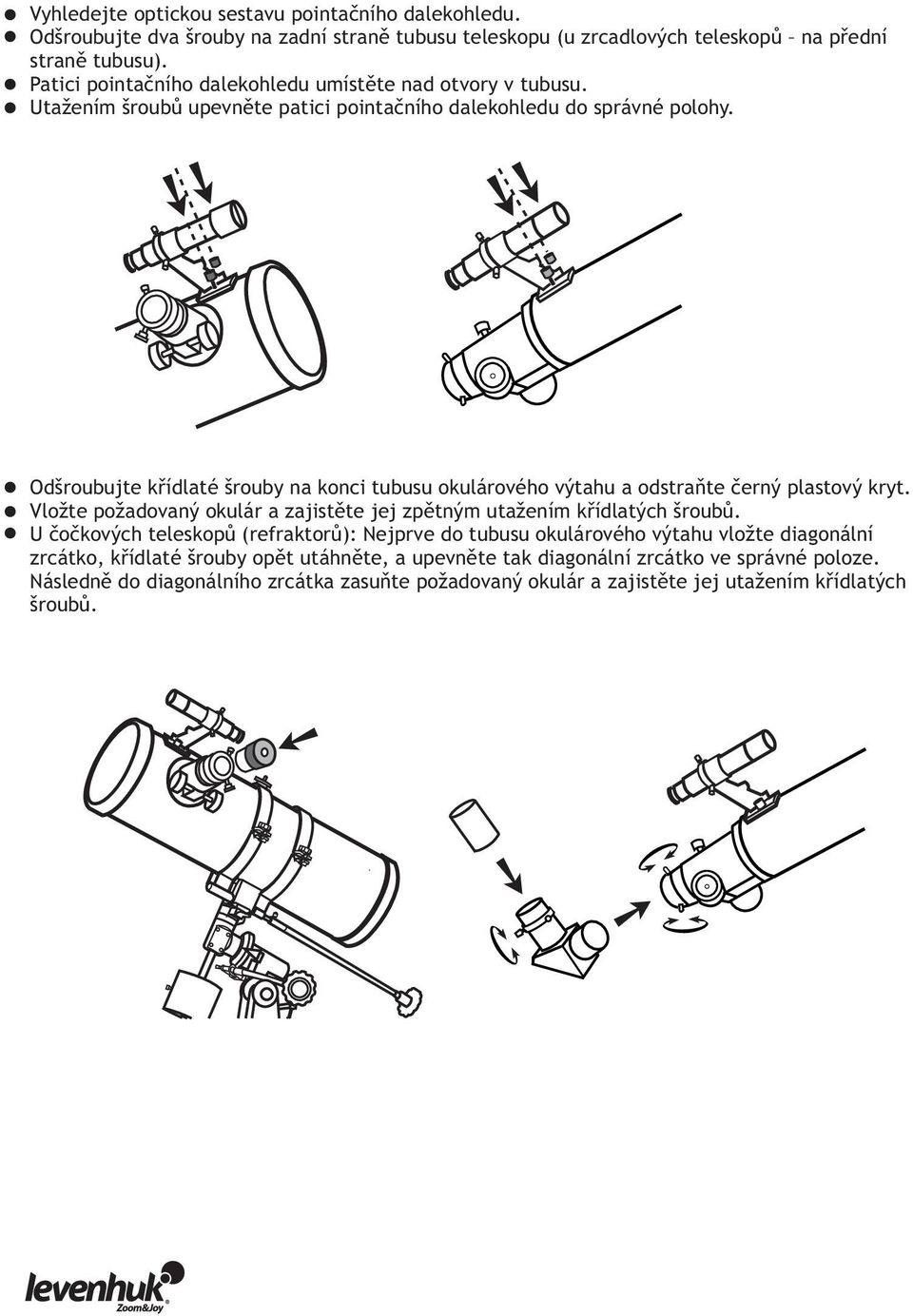 Odšroubujte křídlaté šrouby na konci tubusu okulárového výtahu a odstraňte černý plastový kryt. Vložte požadovaný okulár a zajistěte jej zpětným utažením křídlatých šroubů.
