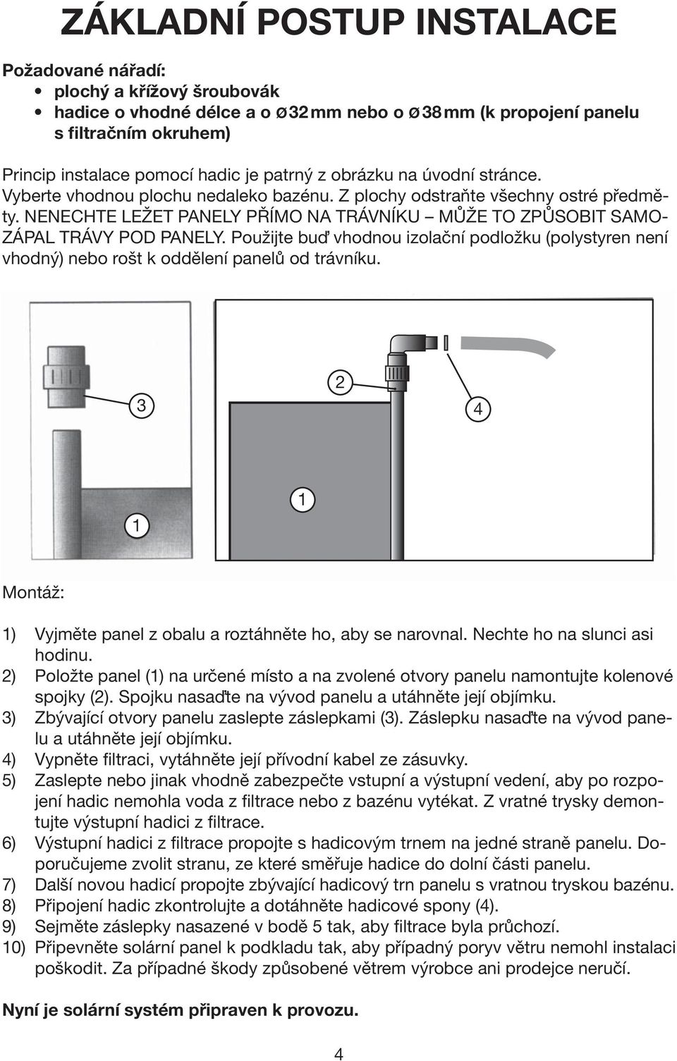 NENECHTE LEŽET PANELY PŘÍMO NA TRÁVNÍKU MŮŽE TO ZPŮSOBIT SAMO- ZÁPAL TRÁVY POD PANELY. Použijte buď vhodnou izolační podložku (polystyren není vhodný) nebo rošt k oddělení panelů od trávníku.