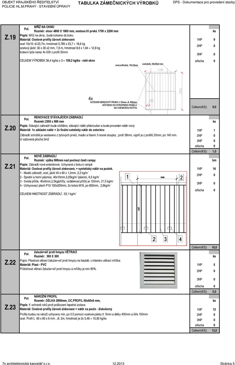 1NP 9 Celkem(KS): 9,0 Z.20 Z.21 RENOVACE STÁVAJÍCÍCH ZÁBRADLÍ Rozměr:2300 x 900 mm Stávající zábradrí bude očištěno, stávající nátěr přebroušen a bude proveden nátěr nový.