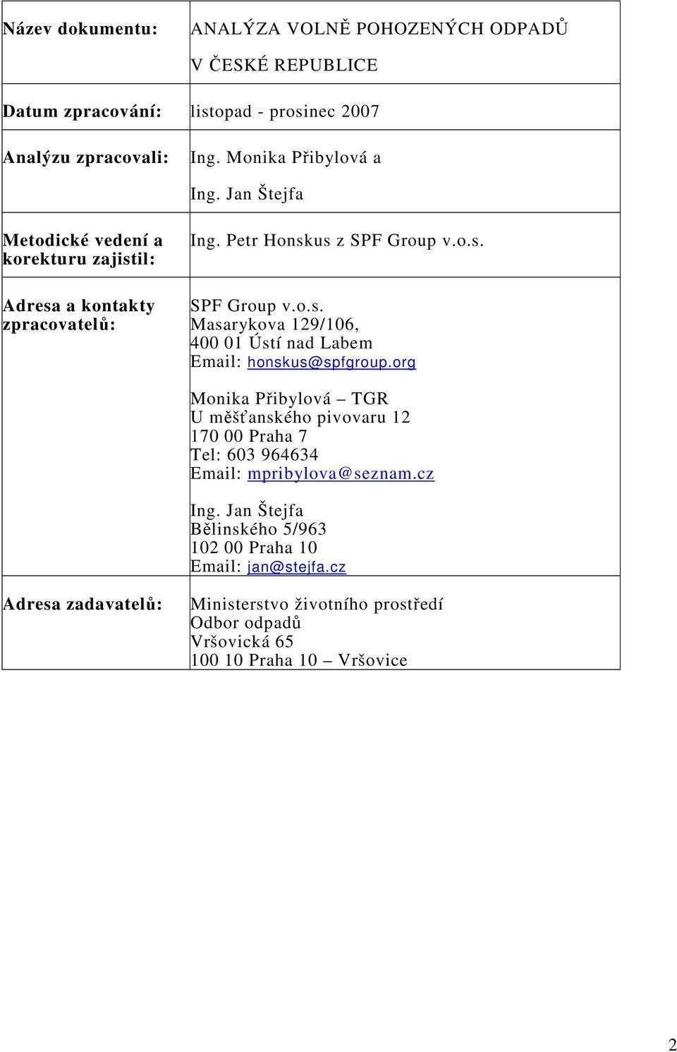 org Monika Přibylová TGR U měšťanského pivovaru 12 170 00 Praha 7 Tel: 603 964634 Email: mpribylova@seznam.cz Ing.