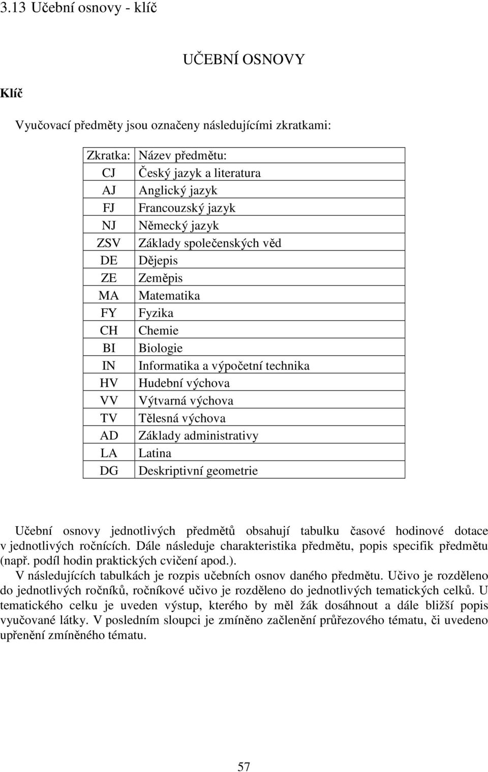 administrativy LA Latina DG Deskriptivní geometrie Učební osnovy jednotlivých předmětů obsahují tabulku časové hodinové dotace v jednotlivých ročnících.