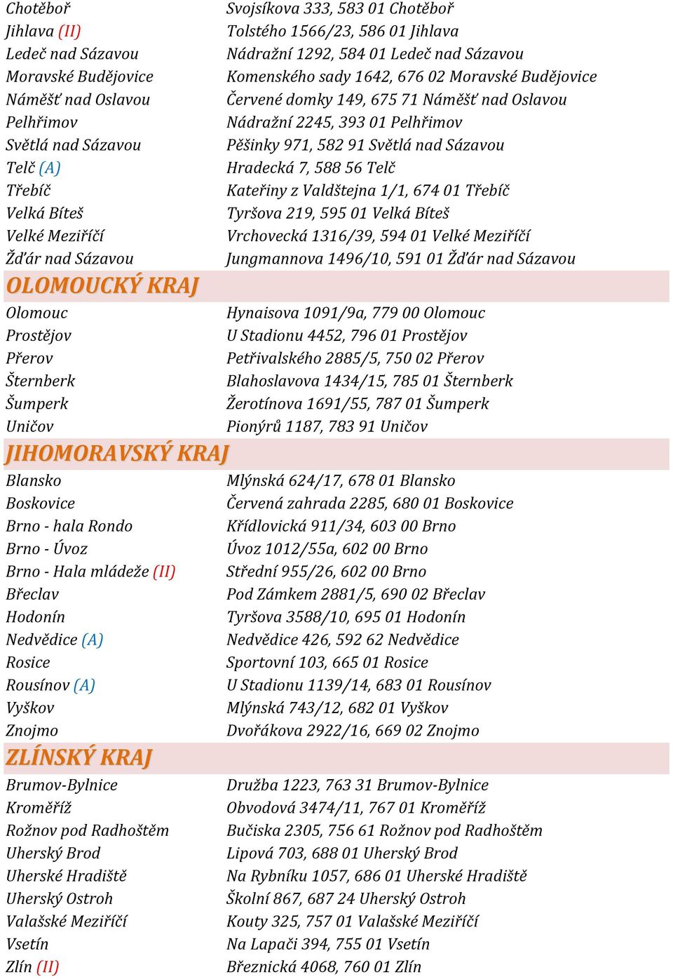 Telč Třebíč Kateřiny z Valdštejna 1/1, 67401 Třebíč Velká Bíteš Tyršova 219, 59501 Velká Bíteš Velké Meziříčí Vrchovecká 1316/39, 59401 Velké Meziříčí Žďár nad Sázavou Jungmannova 1496/10, 59101 Žďár