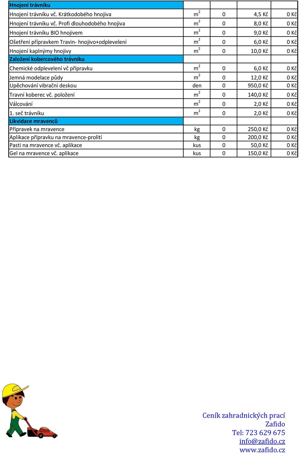 0 Kč Založení kobercového trávníku Chemické odplevelení vč přípravku m 2 0 6,0 Kč 0 Kč Jemná modelace půdy m 2 0 12,0 Kč 0 Kč Upěchování vibrační deskou den 0 950,0 Kč 0 Kč Travní koberec vč.