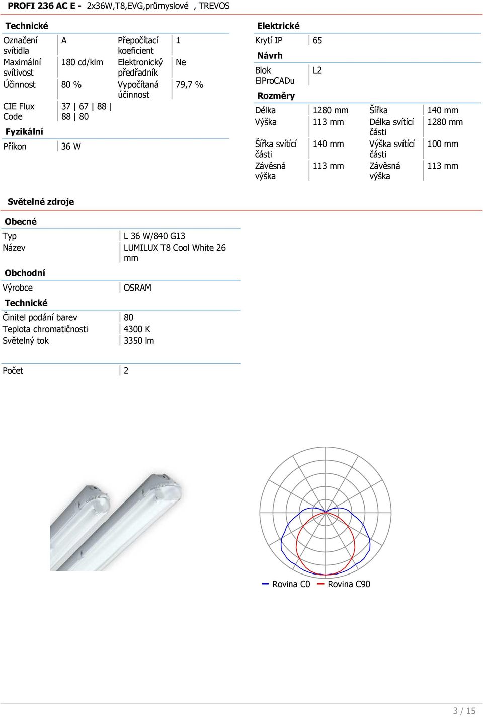 Délka svítící 1280 mm části Šířka svítící 140 mm svítící 100 mm části části Závěsná výška 113 mm Závěsná výška 113 mm Světelné zdroje Obecné Typ L 36 W/840 G13 Název