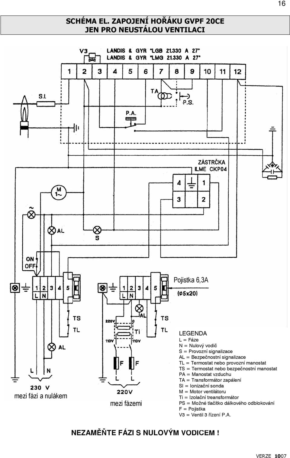 Nulový vodič S = Provozní signalizace AL = Bezpečnostní signalizace TL = Termostat nebo provozní manostat TS = Termostat nebo