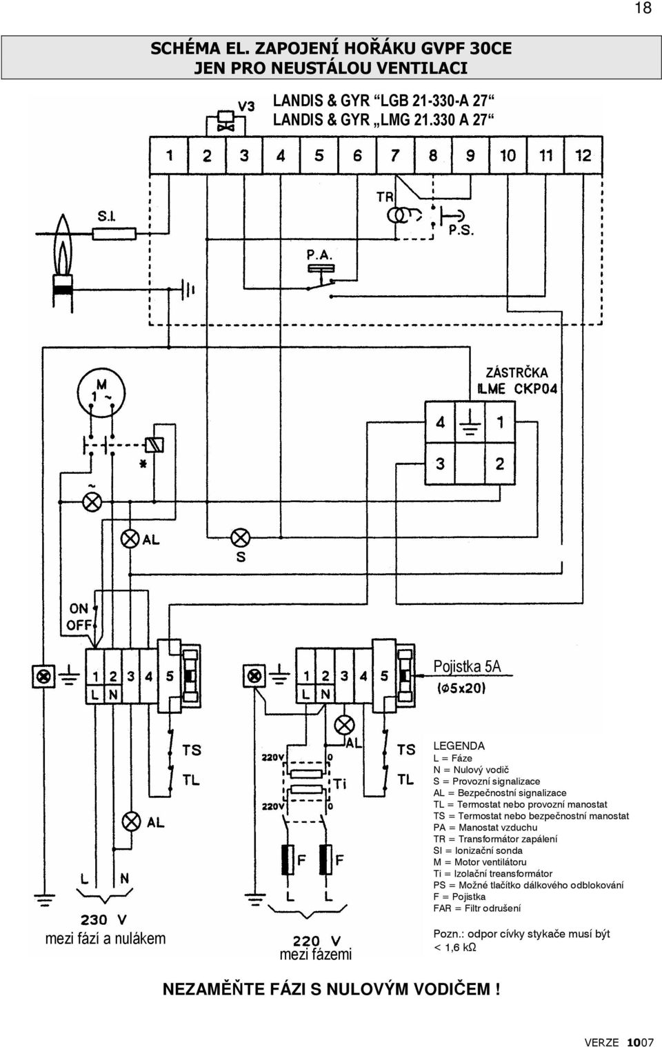 manostat TS = Termostat nebo bezpečnostní manostat PA = Manostat vzduchu TR = Transformátor zapálení SI = Ionizační sonda M = Motor ventilátoru Ti =
