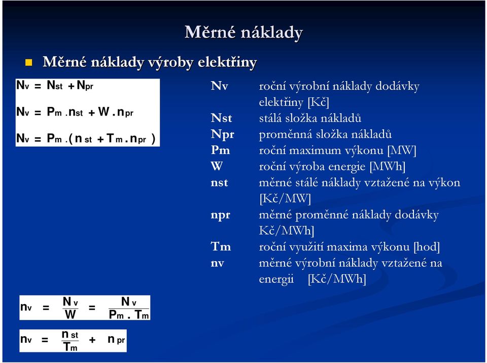 n pr ) Nst Npr Pm W nst npr Tm nv elektřiny [Kč] stálá složka nákladů proměnná složka nákladů roční maximum výkonu [MW] roční