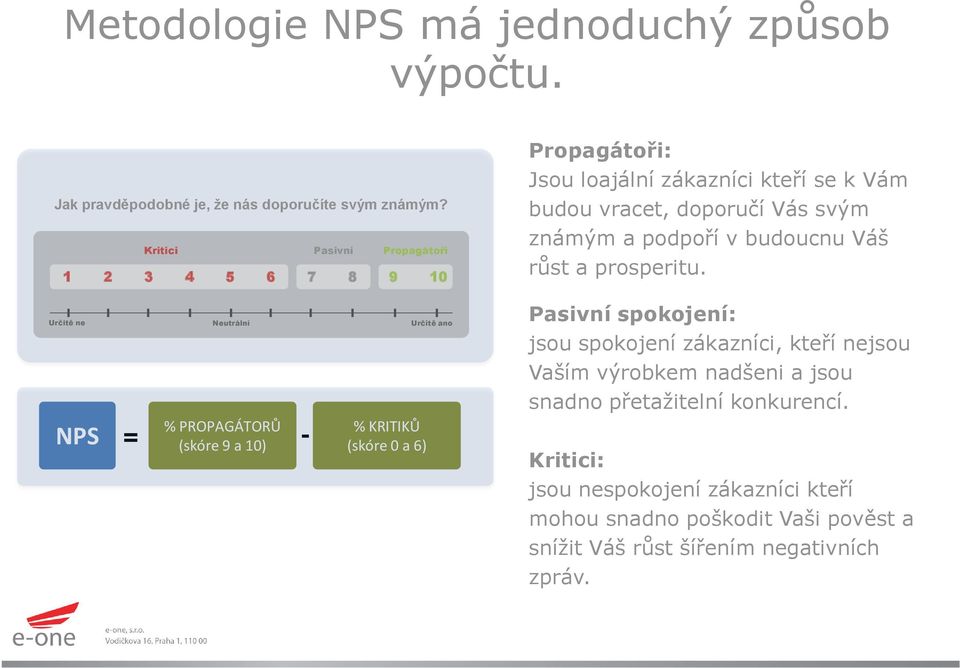 (skóre 0 a 6) (0 až 6) Propagátoři: Jsou loajální zákazníci kteří se k Vám budou vracet, doporučí Vás svým známým a podpoří v budoucnu Váš růst a prosperitu.