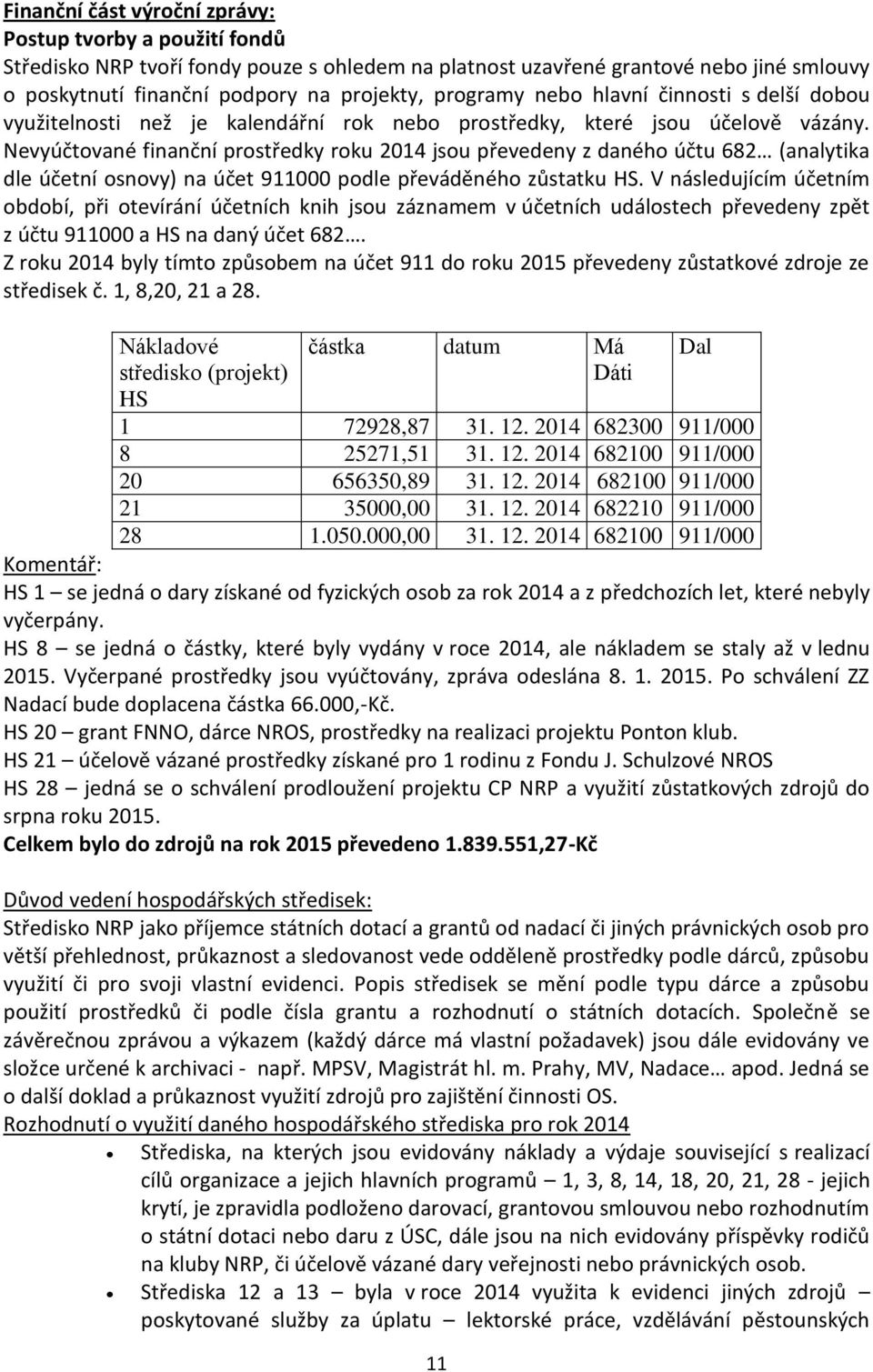 Nevyúčtované finanční prostředky roku 2014 jsou převedeny z daného účtu 682 (analytika dle účetní osnovy) na účet 911000 podle převáděného zůstatku HS.