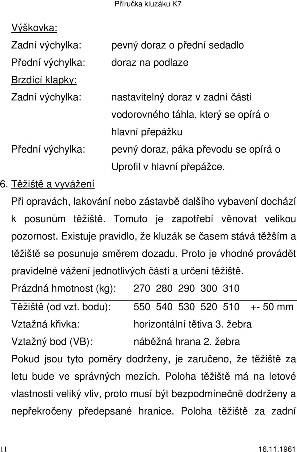Tomuto je zapotřebí věnovat velikou pozornost. Existuje pravidlo, že kluzák se časem stává těžším a těžiště se posunuje směrem dozadu.