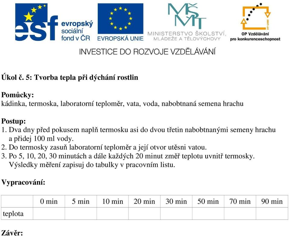 Do termosky zasuň laboratorní teploměr a její otvor utěsni vatou. 3.