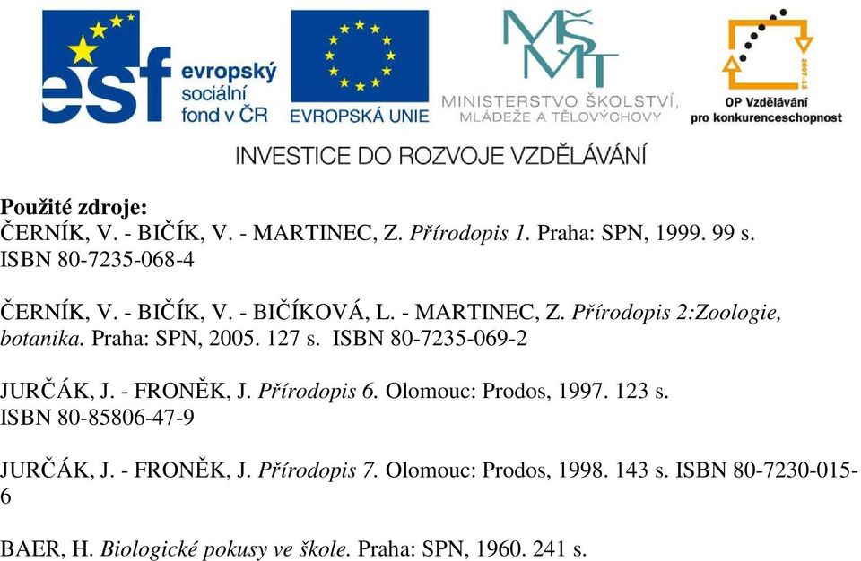 Praha: SPN, 2005. 127 s. ISBN 80-7235-069-2 JURČÁK, J. - FRONĚK, J. Přírodopis 6. Olomouc: Prodos, 1997. 123 s.