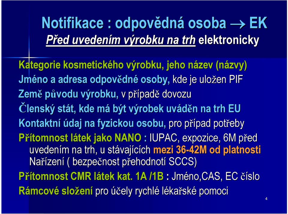 osobu, pro případ p pad potřeby Přítomnost látek l jako NANO : IUPAC, expozice, 6M před p uvedením m na trh, u stávaj vajících ch mezi 36-42M od platnosti