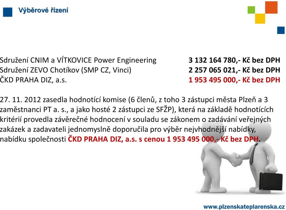 2012 zasedla hodnotící komise (6 členů, z toho 3 zástupci města Plzeň a 3 zaměstnanci PT a. s.