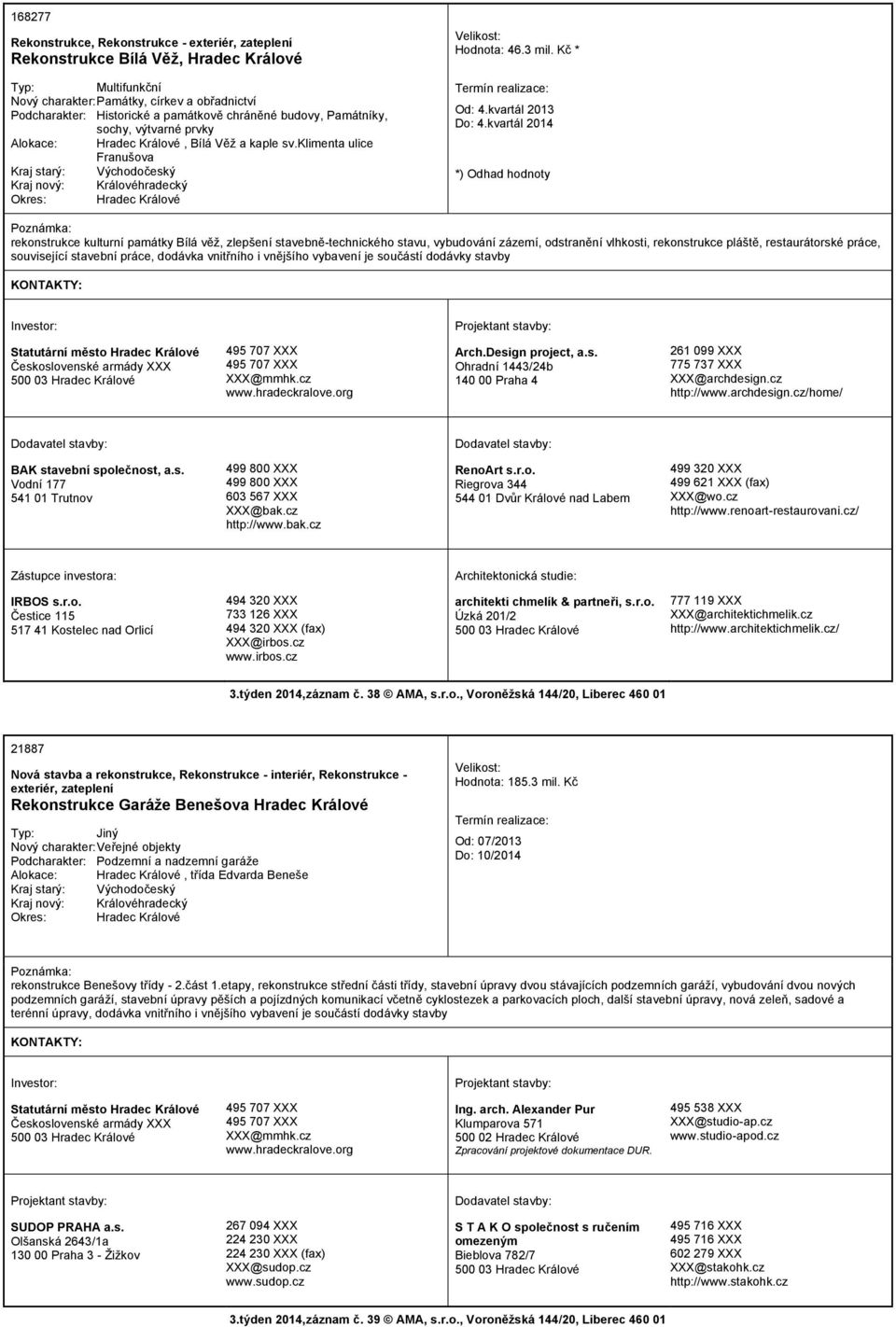 kvartál 2014 rekonstrukce kulturní památky Bílá věž, zlepšení stavebně-technického stavu, vybudování zázemí, odstranění vlhkosti, rekonstrukce pláště, restaurátorské práce, související stavební