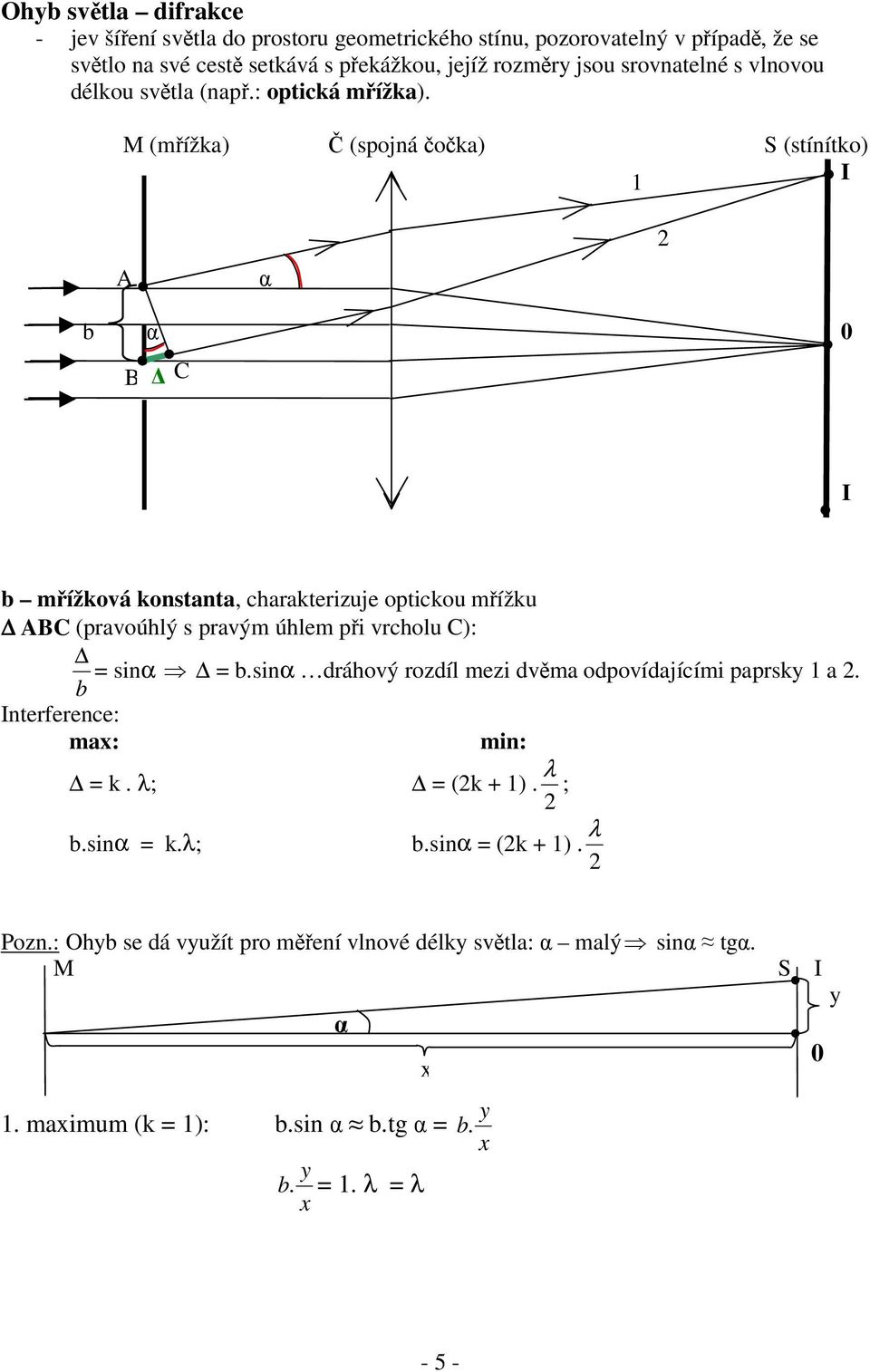M (mížka) (spojná oka) S (stínítko) 1 I A b 0 B C I b mížková konstanta, charakterizuje optickou mížku ABC (pravoúhlý s pravým úhlem pi vrcholu C): = sinα = b.