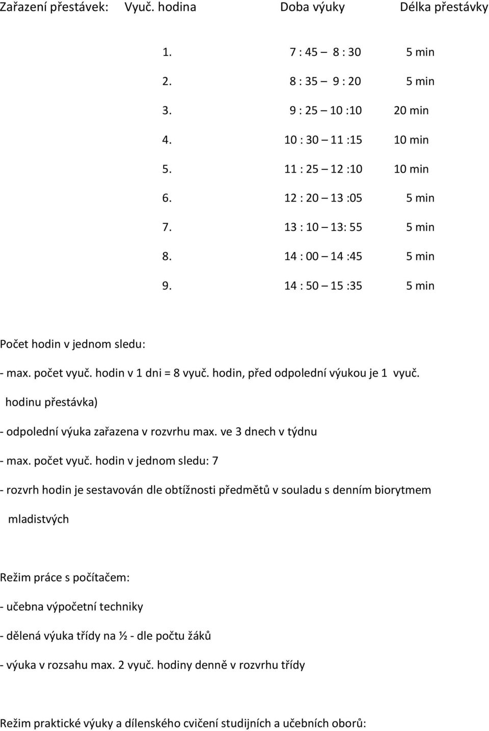 hodin, před odpolední výukou je 1 vyuč. hodinu přestávka) - odpolední výuka zařazena v rozvrhu max. ve 3 dnech v týdnu - max. počet vyuč.
