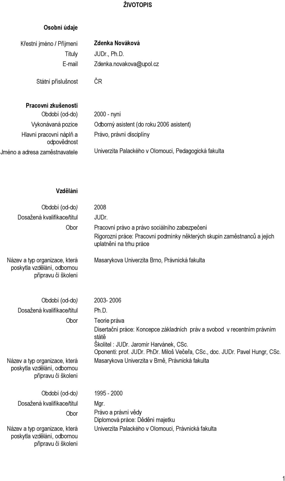 disciplíny Univerzita Palackého v Olomouci, Pedagogická fakulta Vzdělání Období (od-do) 2008 Dosažená kvalifikace/titul Obor JUDr.