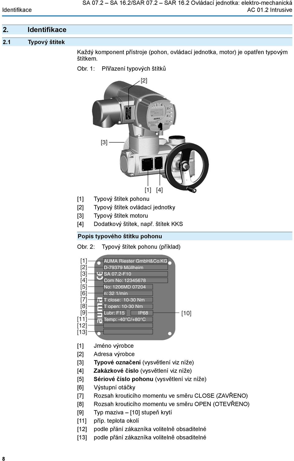 1: Přiřazení typových štítků [1] Typový štítek pohonu [2] Typový štítek ovládací jednotky [3] Typový štítek motoru [4] Dodatkový štítek, např. štítek KKS Popis typového štítku pohonu Obr.