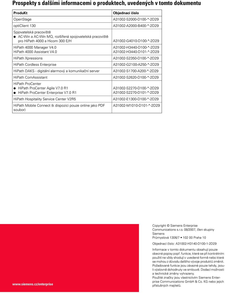 0 HiPath Xpressions HiPath Cordless Enterprise HiPath DAKS - digitální alarmový a komunikační server HiPath ComAssistant HiPath ProCenter HiPath ProCenter Agile V7.0 R1 HiPath ProCenter Enterprise V7.