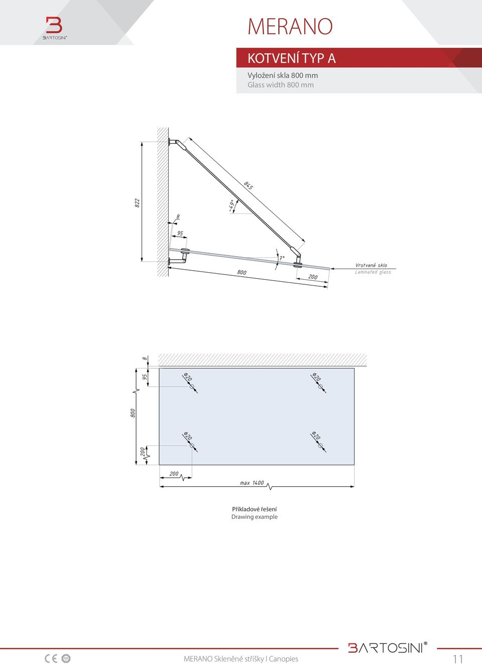 Vrstvené sklo Laminated glass 200 max 1400 Příkladové