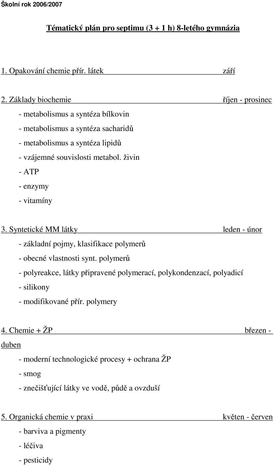 živin - ATP - enzymy - vitamíny 3. Syntetické MM látky leden - únor - základní pojmy, klasifikace polymerů - obecné vlastnosti synt.